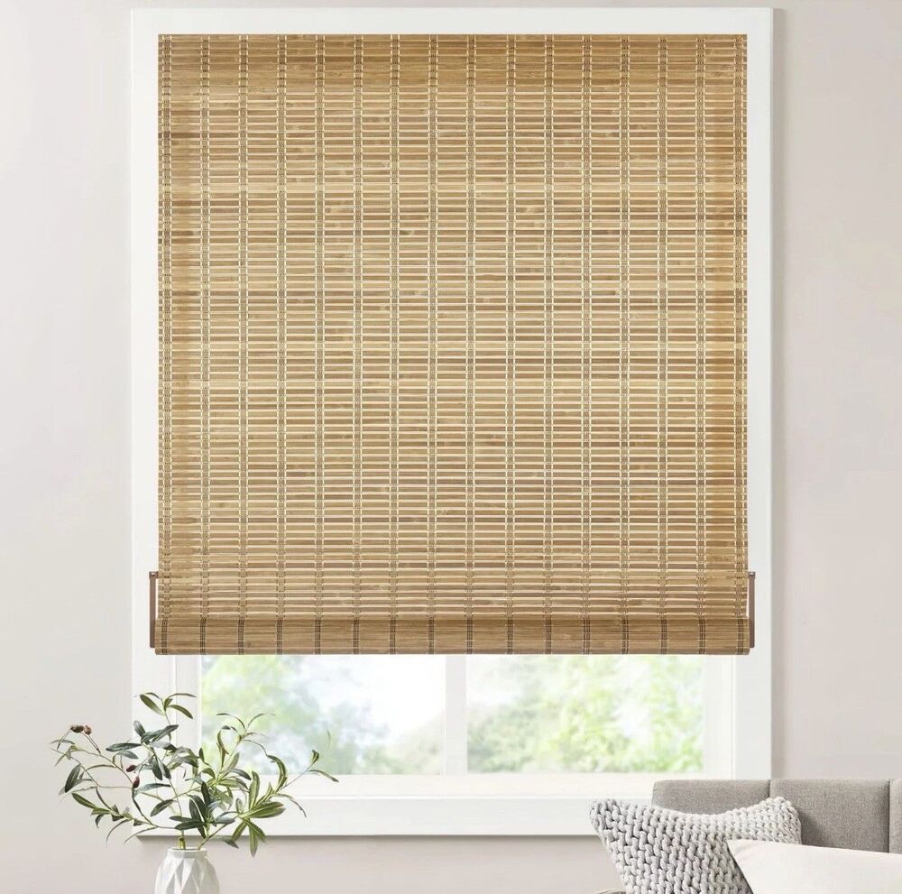 LazBlinds Cordless Bamboo Blinds, Roll Up No Tools 31”W X 48’ H Brown
